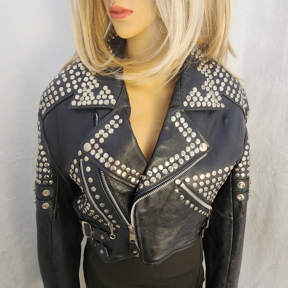 Vintage 1980s Vanguard Studded Leather Biker Jacket Women’s Medium Cropped - Picture 2 of 16